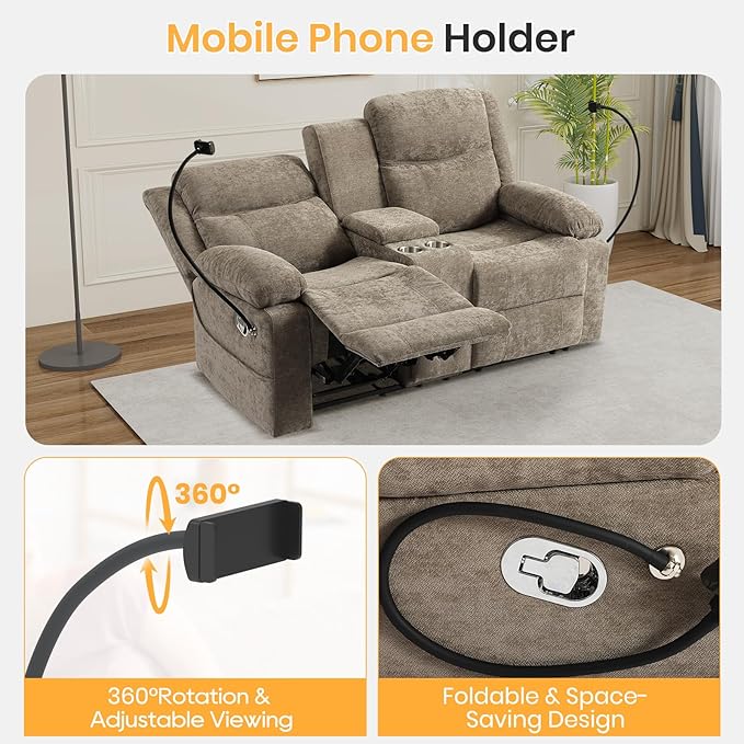 Loveseat Recliner Sofa, Reclining Loveseat with Console, RV Wall Hugger Double Loveseat Recliner Couch for Living Room & Home Theater (Chenille-Camel)