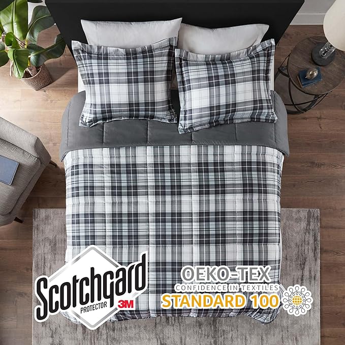 Madison Park Essentials Parkston Plaid Comforter, Matching Sham, 3M Scotchguard Stain Release Cover, Hypoallergenic All Season Bedding-Set, Full/Queen, Black, 3 Piece