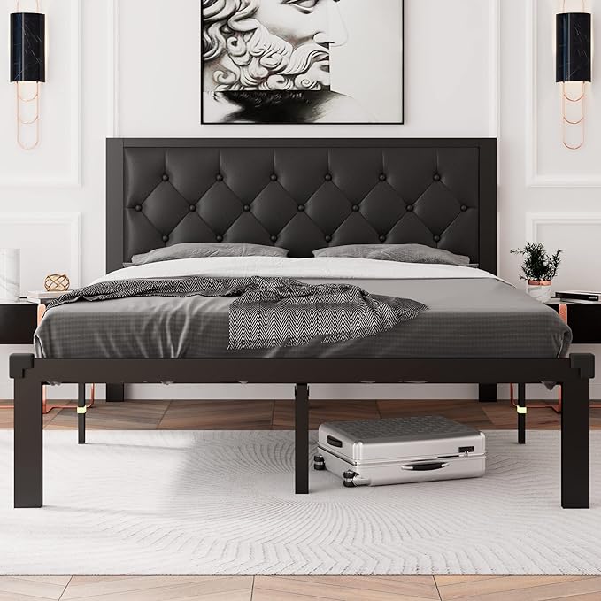 Feonase Queen Size Metal Bed Frame with Faux Leather Button Tufted Headboard, Heavy-Duty Platform Bed Frame with 12" Storage, Steel Slats Support, No Box Spring Needed, Noise Free, Black