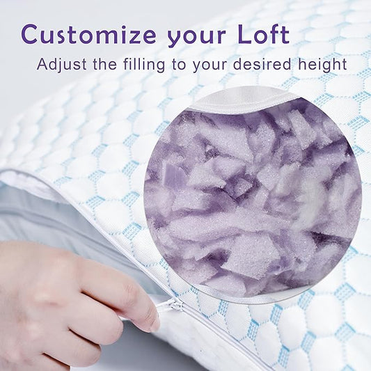 Premium Adjustable Shredded Memory Foam Pillow - Suitable for Side, Back, and Stomach Sleepers, with Cooling Fiber Machine Washable Cover (King-2PCS-Lavender)