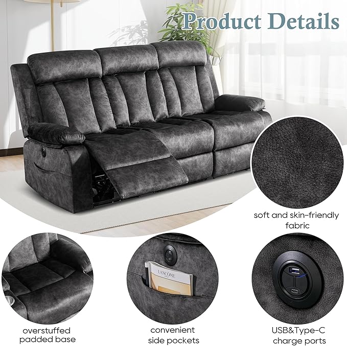 GUEAPY Power Reclining Sofa, 3-Seater Reclining Couch with Massage & Heat, Drop-Down Table, USB & Type-C Charging Ports, Cup Holders, Dutch Velvet, RV & Living Room Reclining Seating