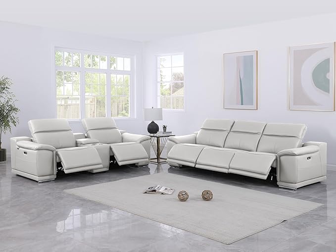 Blackjack Furniture Venice Top Grain Italian Leather Power Recline 6 Piece 5 Seater Sofa - 107" Theater Seating Modern Couch for Living Room Lounge with Adjustable Headrests & USB Port, Light Grey