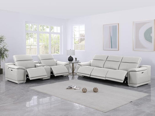 Blackjack Furniture Venice Top Grain Italian Leather Power Recline 6 Piece 5 Seater Sofa - 107" Theater Seating Modern Couch for Living Room Lounge with Adjustable Headrests & USB Port, Light Grey