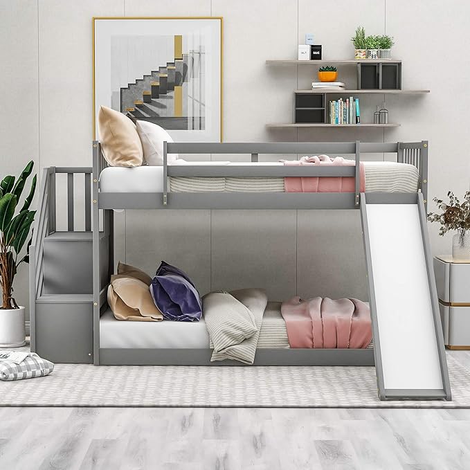 Twin Over Twin Bunk Bed with Slide and for Storage Staircase for Teens, Boys or Girls, No Box Sping Needed
