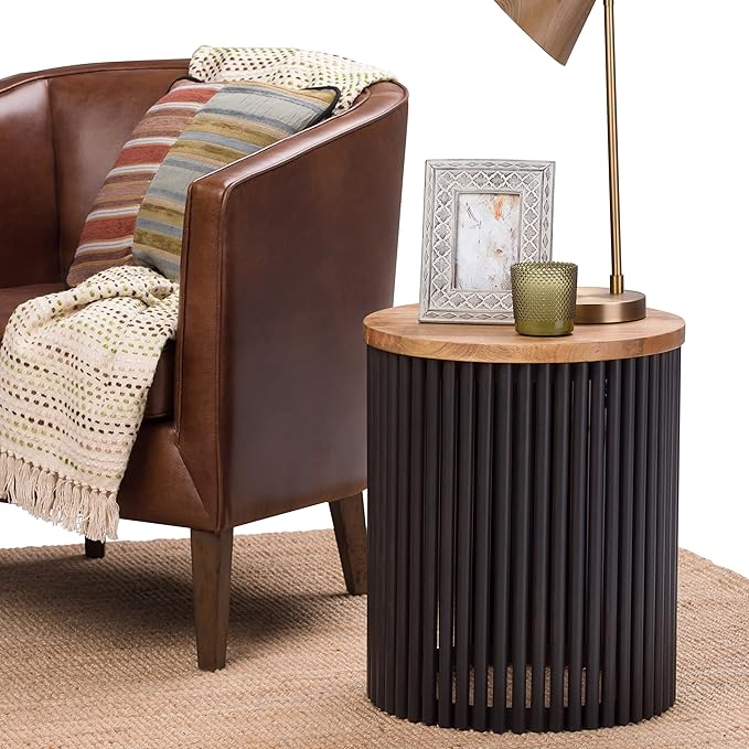 SIMPLIHOME Demy Metal and Wood Accent Table - 18 inch Wide Solid Metal Round End Table in Natural and Black, Industrial Side Table or Coffee Table for Living Room with Compact Design, Assembled | Side Table, Industrial Style, Assembled