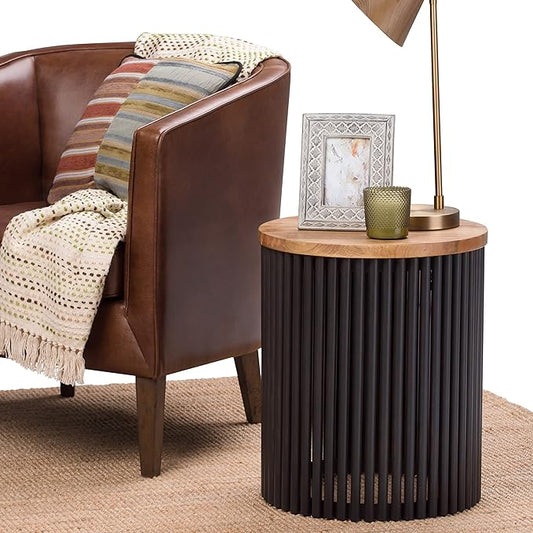 SIMPLIHOME Demy Metal and Wood Accent Table - 18 inch Wide Solid Metal Round End Table in Natural and Black, Industrial Side Table or Coffee Table for Living Room with Compact Design, Assembled | Side Table, Industrial Style, Assembled