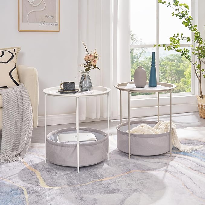 VECELO Round Side/End Table with Fabric Storage Basket，Metal Anti-Rust and Waterproof Small Bedside Nightstand with Removable Tray Top for Living Room，Balcony & Laundry，Beige/1pcs with Basket