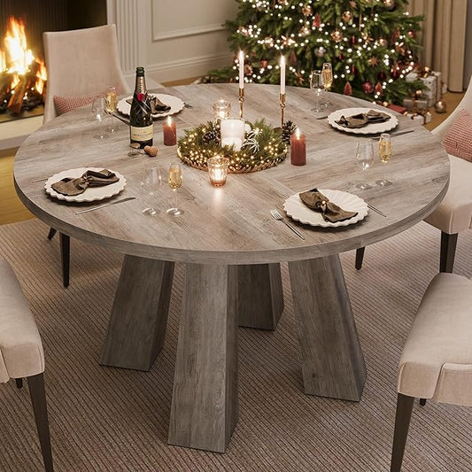 IDEALHOUSE 47" Round Dining Table for 4-6, Wood Kitchen Table with Sturdy Base, Farmhouse Circle Dinner Table for Dining Room, Living Room, 4 Strong Legs, Grey