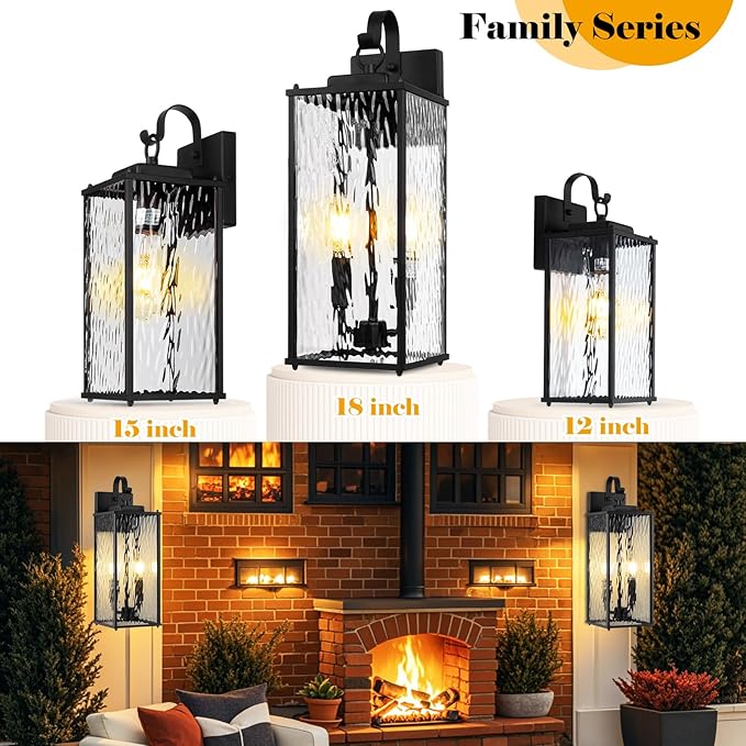 Outdoor Lights for House with Water Ripple Glass Modern 2-Pack, IP65 Waterproof Porch Lights Outdoor Wall Sconces Matte Black Patio Garage Coach Lighting Exterior Lanterns Wall Mounted, 15"