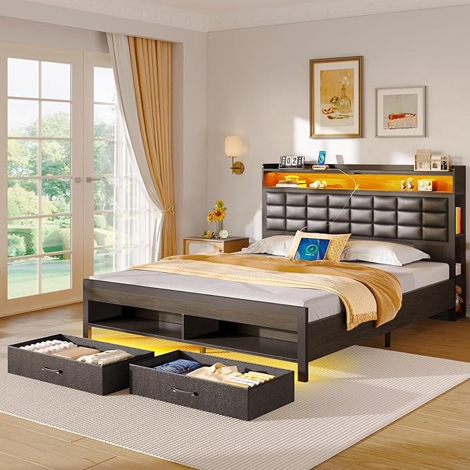 Rolanstar Bed Frame Full Size with Storage Headboard and 2 Drawers, Upholstered Platform Bed with Charging Station and LED Light, Heavy Duty Frame Support, No Box Spring Needed, Noise Free, Black