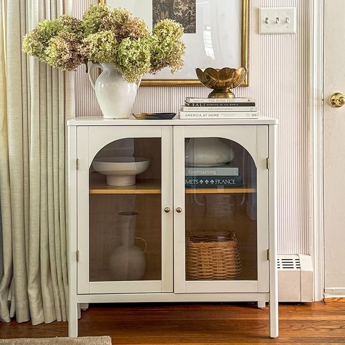 Nathan James Mason Wood Storage Cabinet Accent Sideboard Buffet Credenza TV Stand with Glass Doors and Adjustable Shelf for Dining Room, Entryway or Living Room, Clear Glass/White/Light Oak, Set of 4