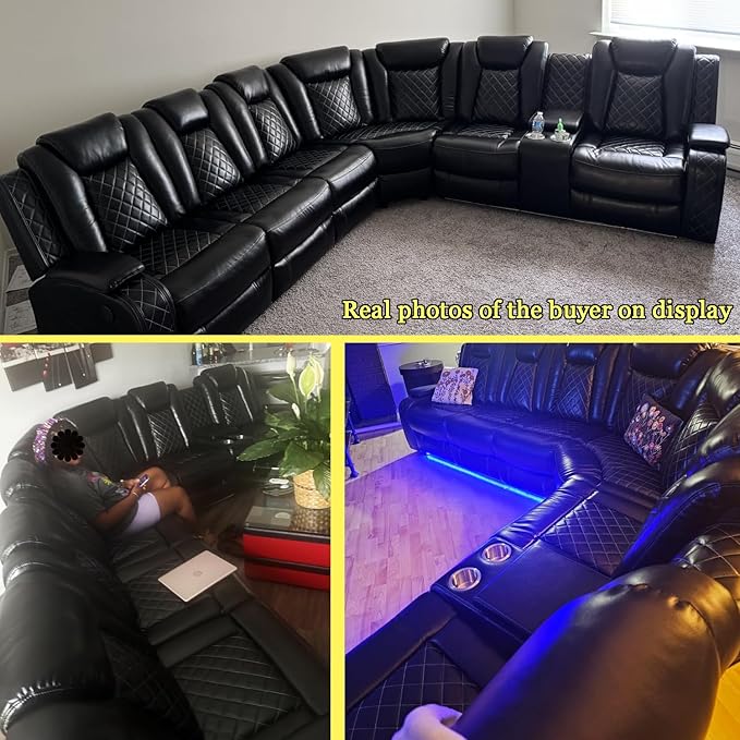 A Ainehome Power Recliner Sectional Sofa, Living Room Furniture Sets, Leather Power Reclining Sofa Set, Sectional Reclining Couch with LED/Storage Console for Living Room/Office(A-Black)