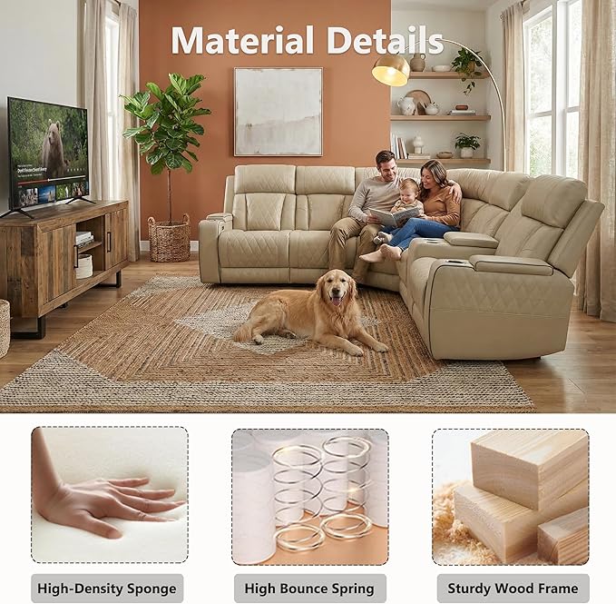Air Leather Recliner Sectional Sofa Set, Power Reclining Sectional Couch for Living Room, L Shaped Recliner Corner Couch and Single Chair with LED Lighting, USB Port&Storage (Beige)