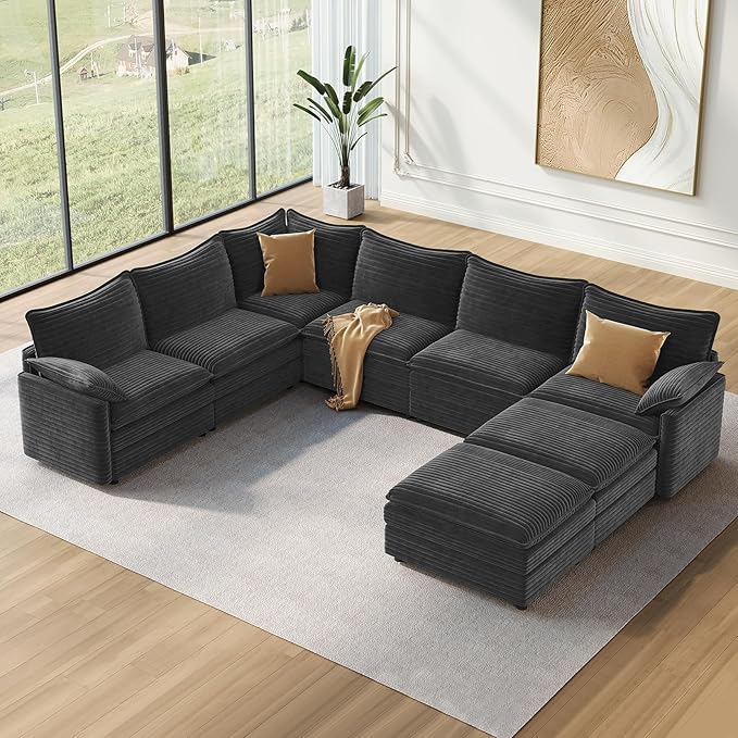 Vesgantti Large Modular Sectional Sofa, Big Comfy Cloud Couch with Ottoman Deep Seat Corduroy Cloud Sofa, 8 Seater Large Sectional Couches for Living Room, Bedroom and Apartment, Gray | Sink-in Comfort, Height Adjustable, Easy Rearrangement, Extra-deep...