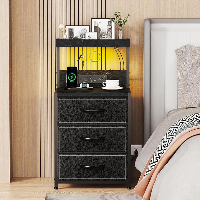 LED Nightstand with Charging Station, Night Stand with 3 Drawers and Lights, Storage Side Table with Shelf and Hooks, Tall End Table for Bedside, Bedroom, Modern Black