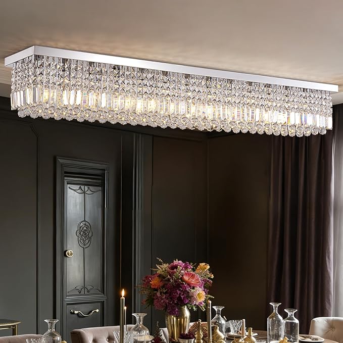 Modern Crystal Chandelier,13-Light Chandelier for Dining Room,K9 Crystal Rectangle Chandeliers,59-inch Adjustable Hanging Pendant Light Fixture Kitchen Island Bar Bedroom