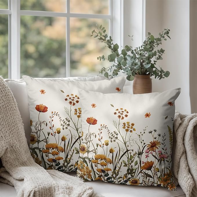 Fall Floral Outdoor Pillow Covers 22x22 Set of 2 Burnt Orange Wild Flowers Throw Pillows Case Autumn Colored Wildflower Decorative Farmhouse Cushion Covers for Sofa Couch