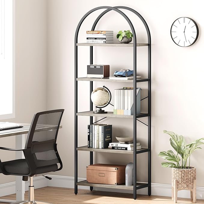 CABIHOME Bookshelf Tall Bookcase Arched Standing Bookshelves Modern Display Racks 5 Tier Storage Rack Shelf Large Wood Book Shelf for Bedroom, Living Room, Home Office