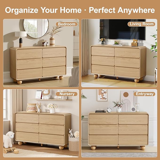 AVZEAR 6 Drawer Dresser for Bedroom, 48" Modern Wooden Dresser Chest of Drawers, Curved Profile Design, Closet Clothes Storage Organizer for Kids Bedroom, Living Room, Nursery, Natural Color