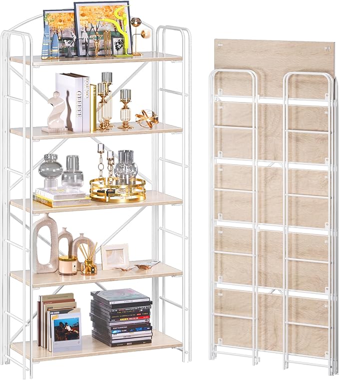 UDD Folding Bookshelf No Assembly, 54.1" H x 23.7" W, 5 Shelf Foldable Bookcase Industrial Collapsible Bookshelves, Open Storage Book Shelves for Small Spaces Home Office Living Room, Light Oak White