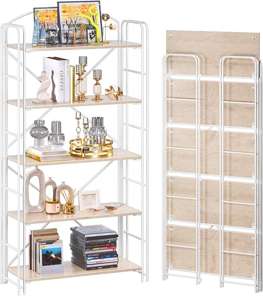 UDD Folding Bookshelf No Assembly, 54.1" H x 23.7" W, 5 Shelf Foldable Bookcase Industrial Collapsible Bookshelves, Open Storage Book Shelves for Small Spaces Home Office Living Room, Light Oak White