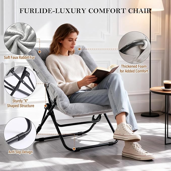 Comfy Dorm Chair - Oversized Folding Saucer Chair with Soft Faux Fur, Metal Frame, for Bedroom, Living Room, Balcony, Patio, Study, Playroom (Grey)