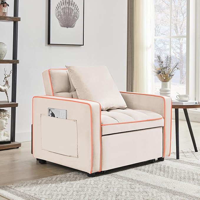 Sleeper Chair, Pull Out Chair Sleeper with Adjustable Back & Pocket, Convertible Chairs Bed Sleepers for Adults, 3 in 1 Sofa Bed Chairs for Small Spaces, Living Room, White