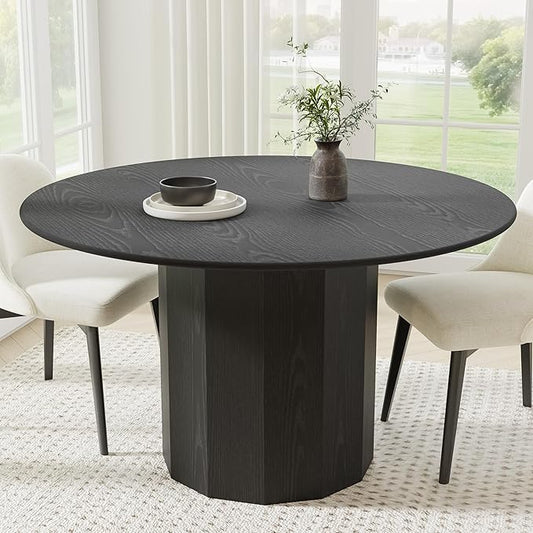 Casaphoria 52" Round Dining Table, Modern Wood Kitchen Table with Cylinder Polygonal Base for Living Room & Dining Room, Easy Assembly Farmhouse Furniture for 4-6, Black
