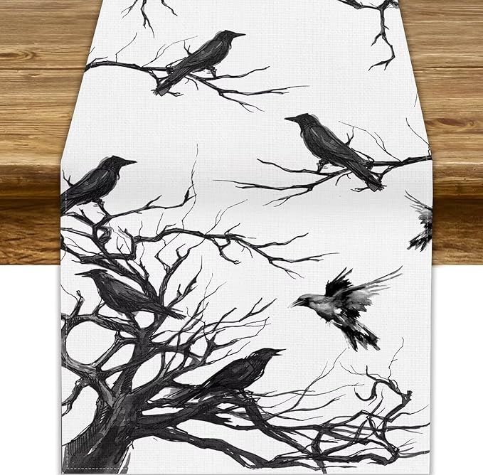 Silhouette Tree Crows Halloween Table Runner Branches Fall Kitchen Dining Table Decoration for Outdoor Home Party for Living Room Holiday Dinner Home 13x90in