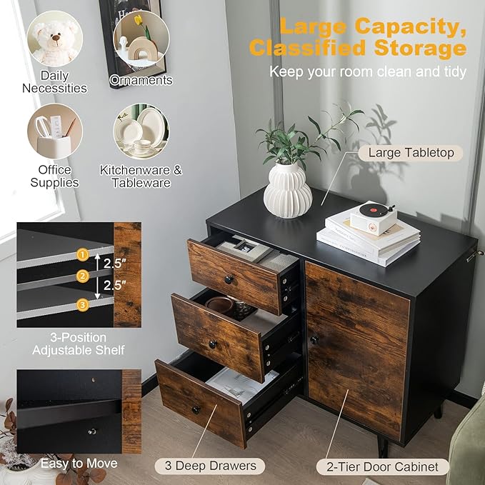 Tangkula Storage Cabinet with 3 Drawers and Door, Industrial Wood Accent Cabinet with Adjustable Shelf, Retro Farmhouse Sideboard Buffet for Kitchen Living Room (Industrial)