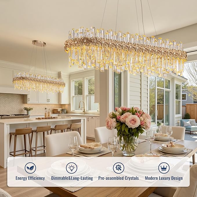 Luxury Crystal Chandeliers for Dining Room,40“ Gold Contemporary K9 Crystal Chandelier,Adjustable Pendant Ceiling Light Fixture with Leaf-Edge for Dining Living Room Foyer Entryway