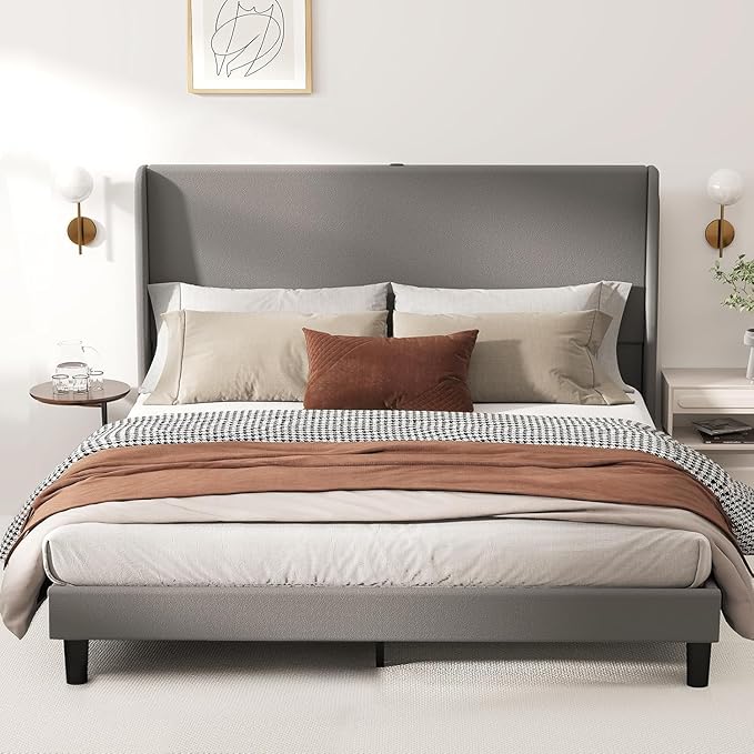 GTPLAYER King Size Bed Frame, Upholstered Platform Bed Frame with USB Type-C Tall Headboard Wingback, Soft Velvet Fabric, No Box Spring Needed, Easy Assembly, Misty Grey