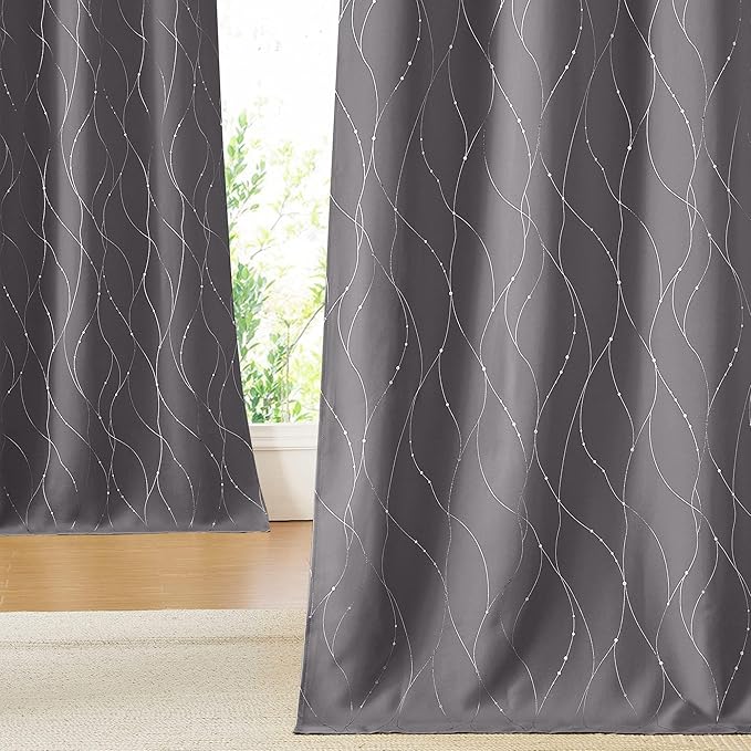 NICETOWN Blackout Curtains for Bedroom, Foil Printed Wave Lines with Dots Energy Saving Thermal Insulated Solid Grommet Blackout Draperies for Patio (1 Pair, 52 inches by 95 Inch, Grey)