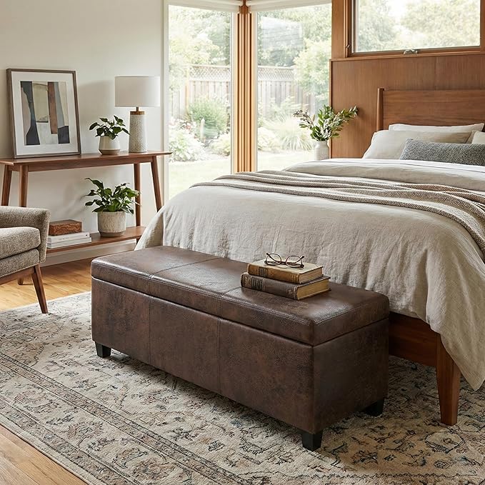 SIMPLIHOME Avalon Storage Ottoman Bench - 48 inch Wide Upholstered Vegan Leather Rectangular Lift-Top Ottoman in Distressed Brown, Contemporary Storage Bench for Living Room with High-Density Foam