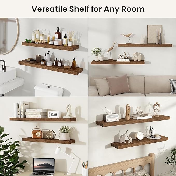 Fun Memories Rustic Wood Floating Shelves for Wall, Space-Saving Wall Mounted Shelves for Bathroom, Bedroom, Living Room and Kitchen, Stylish Storage & Display (Set of 2, Walnut, 72 in)