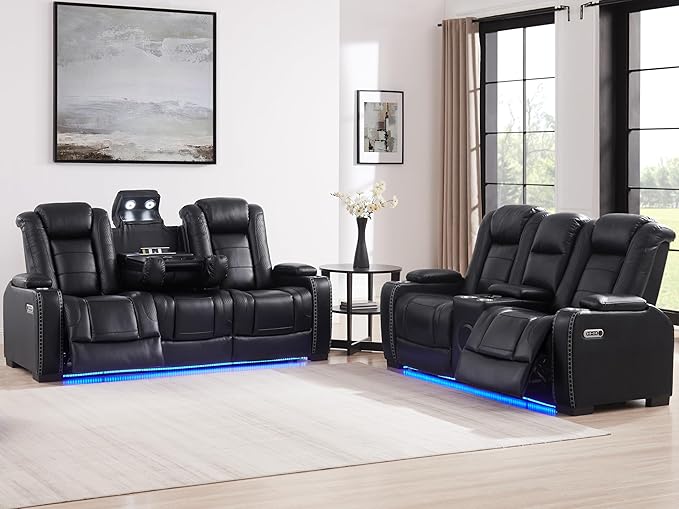 THSUPER Black Leather Power Recliner Sofa Loveseat Sets with Arm Storage and Power Headrest, Leather Living Room Reclining Sofa and Loveseat Set with Cup Holders and Bluetooth Speaker. | Breathable material, LED ambient light, Reading light, Hidden out...
