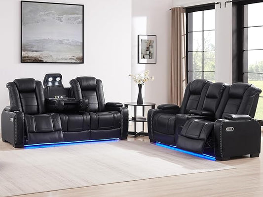 THSUPER Black Leather Power Recliner Sofa Loveseat Sets with Arm Storage and Power Headrest, Leather Living Room Reclining Sofa and Loveseat Set with Cup Holders and Bluetooth Speaker. | Breathable material, LED ambient light, Reading light, Hidden out...