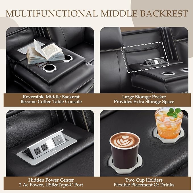 Power Reclining Sofa Set, Power Recliner Sofa and Loveseat Set with LED Light/Bluetooth Speakers, Electric Reclining Sofa Couch Living Room Set for Home, Office(Black, Sofa+Loveseat) | pu leather, Bluetooth Speakers, LED Light, outlets, Storage Drawer