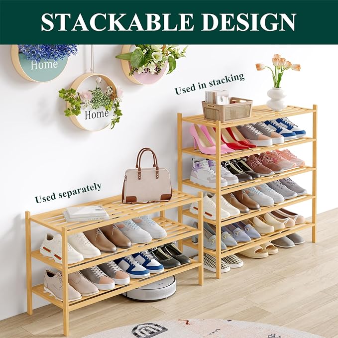 Smiry Long Bamboo Shoe Rack 5-Tier, Stackable Wooden Shoe Organizer for Entryway & Closet, Free Standing Wood Shoe Storage Shelf for Front Door & Small Spaces, Natural