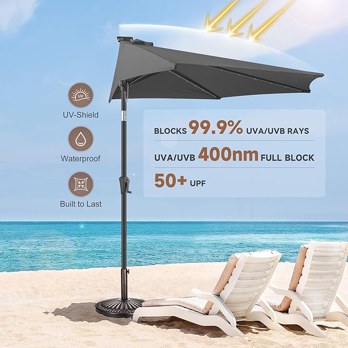 FLAME&SHADE 9 FT Solar Half Patio Umbrella with 25 LED Lights, Half Outdoor Umbrella with Button Tilt, Half Round Table Umbrella For Deck, Backyard, Balconies, Decks, Rvs, UV Protection (Anthracite)
