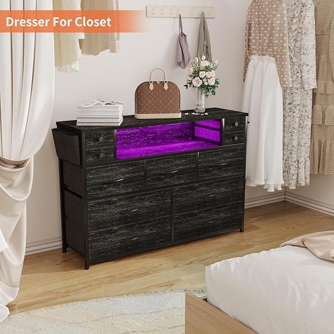 Dresser TV Stand with Power Outlets and LED Lights for 55'' TV, 11 Drawers Dresser with Side Pocket, Fabric Chest of Drawers with PU Finish, Sturdy Frame & Wood Top (Charcoal Black)