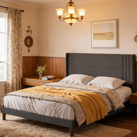 Gizoon King Size Bed Frame, Wingback Upholstered Platform Bed with Steel Frame, Wooden Slats, Noise-Free, No Box Spring Needed
