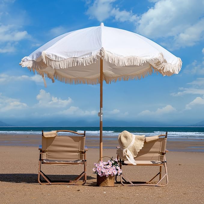 6.5ft Boho Beach Umbrella with Fringe, UPF 50+ Tassel Umbrellas with Carry Bag, Premium Wood Pole Foldable Patio Umbrella for Outdoor Holiday Garden Lawn Pool Yard Table