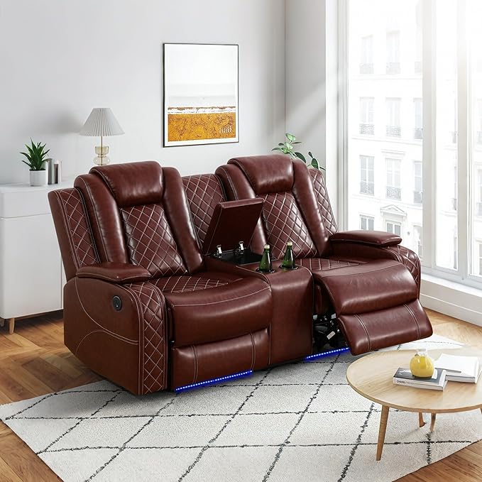 Breathing Leather Power Reclining Loveseat, Living Room Furniture with 2 Recliners, 2-Seater Leather Couch with Storage Console/Cup Holders for Home/Office (Auburn, Loveseat)
