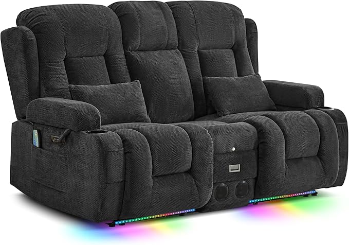 TUNYI Wall Hugger Loveseat Recliner Sofa with Console, Power Reclining Loveseat RV Couch with Massage & Heat/USB/Outlet/Storage/LED Light/Speaker (Dark Grey)