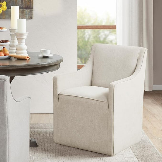 Madison Park Dining Chair with Hidden Casters, 20" Thick Seat Foam Cushion, Upholstered, Padded, Modern Farmhouse Dining Chair, Fully Assembled, Charlotte, 34" H, Cream