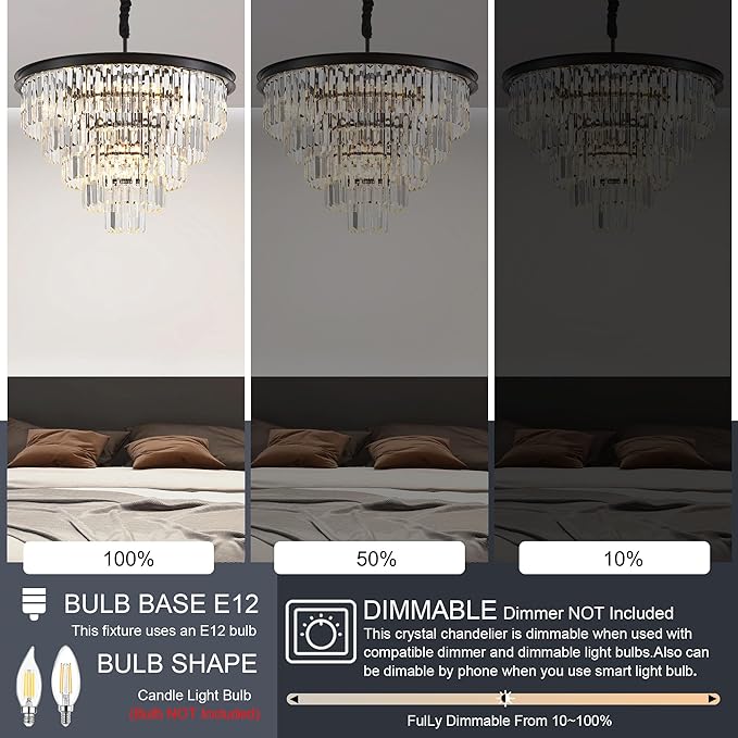 23.23" Black Crystal Chandelier 12-Light Modern Crystal Pendant Ceiling Light Fixture 5-Tier Luxury K9 Crystal Chandeliers,for Dining Room Kitchen Island Living Room Bedroom
