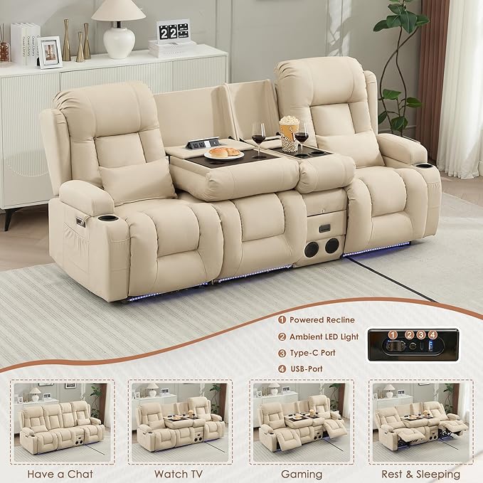 TUNYI Wall Hugger Loveseat Recliner Sofa with Console, Power Reclining Loveseat RV Couch with Massage & Heat/USB/Outlet/Storage/LED Light/Speaker (Beige, 3 Seat with Console)