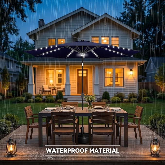 10ft Solar Umbrella Outdoor - Lighted Solar Patio Umbrella with 40 LED Lights Waterprool UV Protection, Table Umbrella with Tilt for Pool, Porch, Garden, Deck, Backyard (Navy Blue)