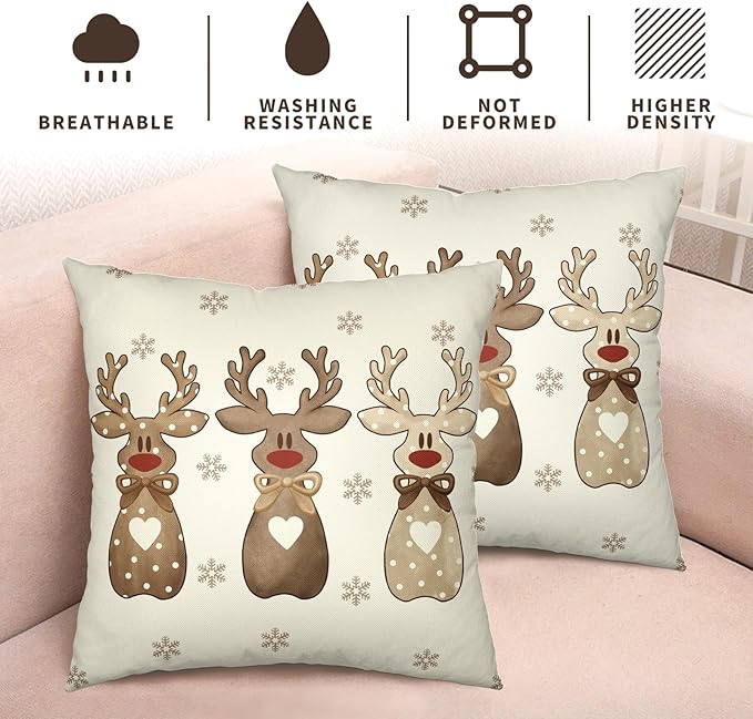 Christmas Reindeer Snowflakes Pillow Covers 18x18 Set of 2 Xmas Polka Dot Love Heart Bow Brown Elk Deer Throw Pillows Cute Winter Holiday Farmhouse Outdoor Cushion Cases for Sofa Couch